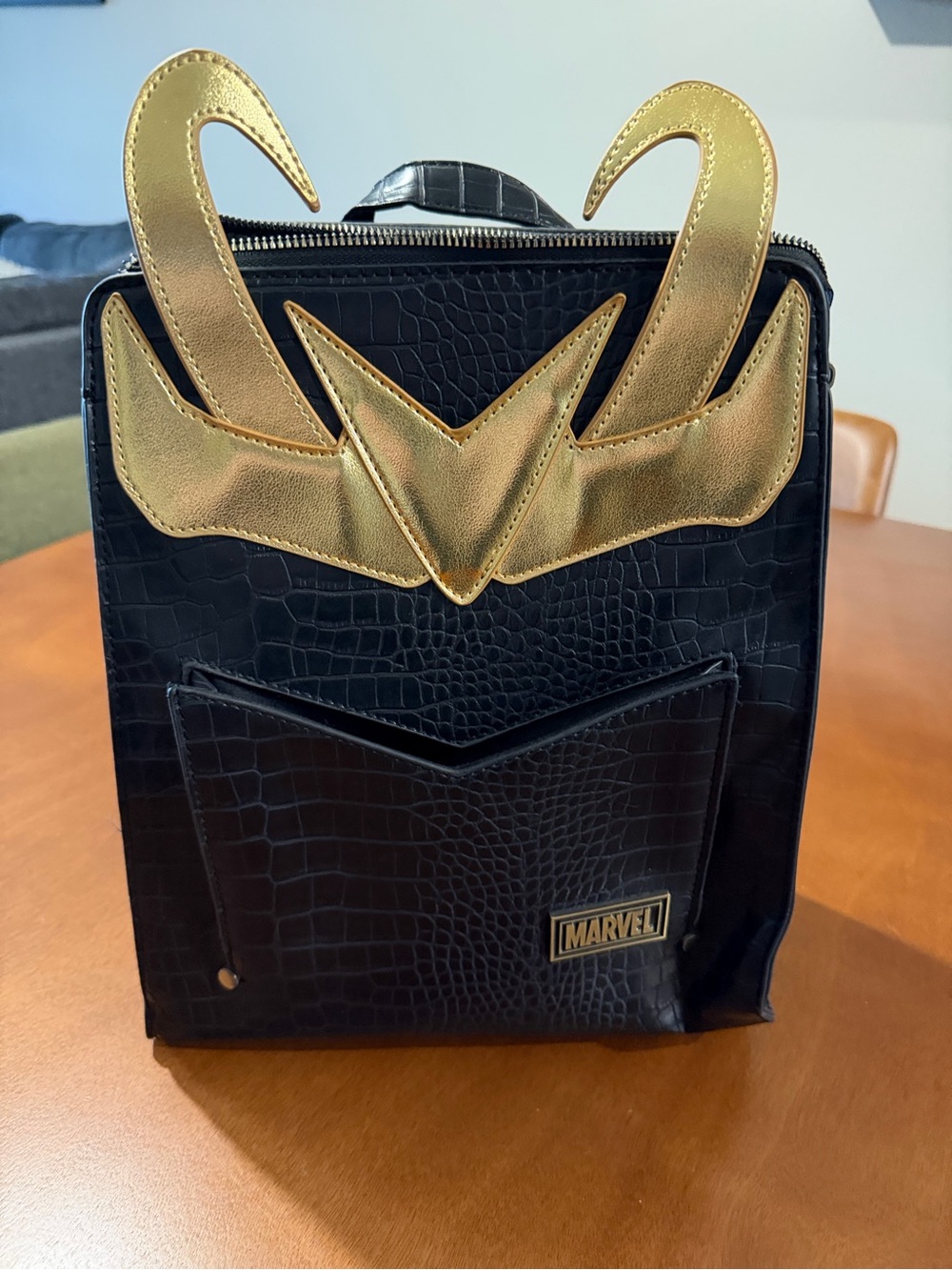 Marvel Black Backpack with Metallic Gold Loki Horn Detail